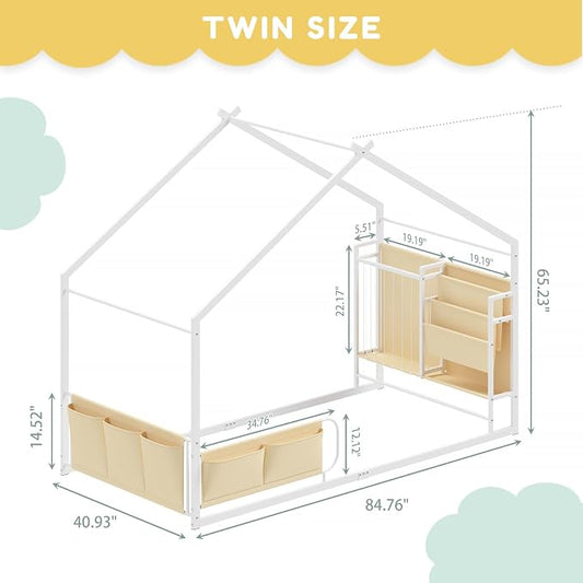 Timy House Bed Metal Montessori Bed with Stuffed Animal Storage & Bookshelf | Stuffed Animal Storage & 3-tier bookshelf. Includes detachable bedside caddies for an all-in-one book storage solution.
