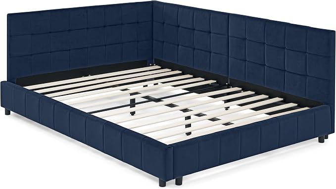 Bellemave Full Size Corner Bed Frame with Comfortable Backrest and Armrests, Velvet Tufted Corner Bed Frame Full Size, Upholstered Daybed for Bedroom, Living Room, Guest Room, Dark Blue