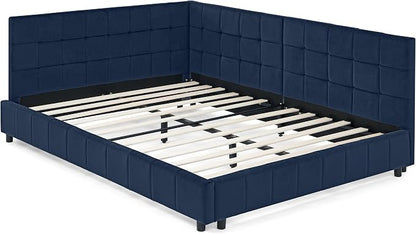 Bellemave Full Size Corner Bed Frame with Comfortable Backrest and Armrests, Velvet Tufted Corner Bed Frame Full Size, Upholstered Daybed for Bedroom, Living Room, Guest Room, Dark Blue