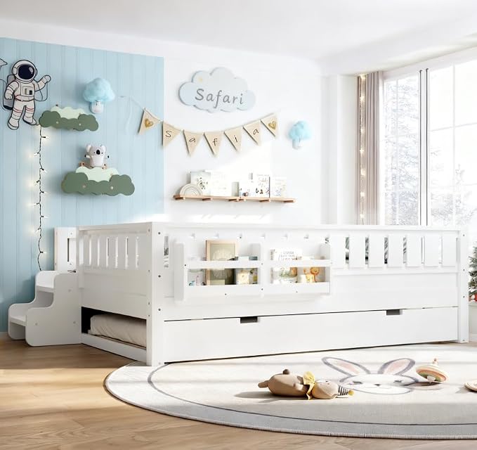 Bellemave Full Size Kids Bed with high Rails and with Built-in Bookshelf and Trundle for Kids, Girls, Boys, Wood Montessori Bed Without Door, White