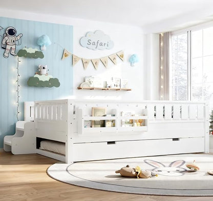 Bellemave Full Size Kids Bed with high Rails and with Built-in Bookshelf and Trundle for Kids, Girls, Boys, Wood Montessori Bed Without Door, White