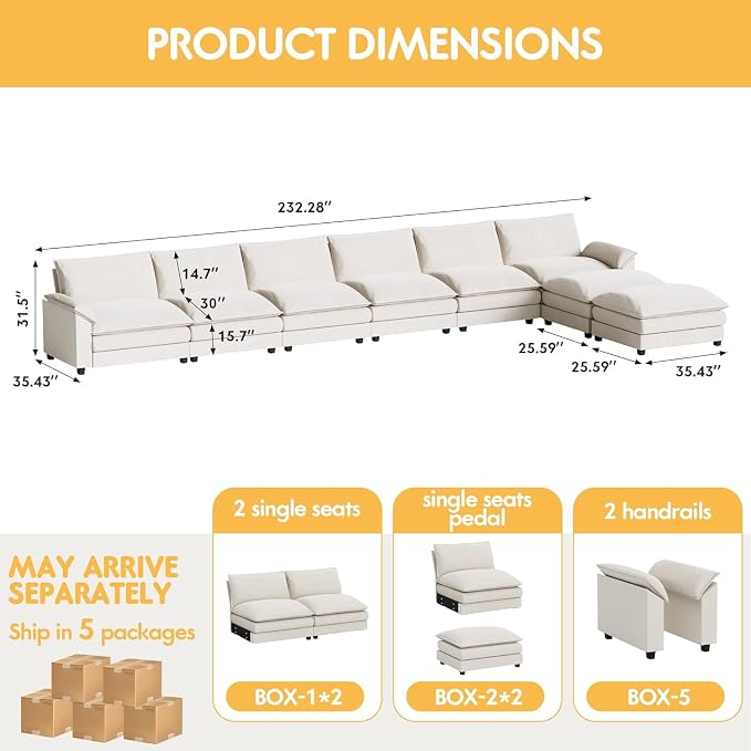 Homall 232" Modular Sectional Sofa, Oversized Sofa Couch with Reversible Ottoman, DIY Combination Chenille Deep 6-Seat Cloud Couch for Living Room, Apartment (White, Oversized Sofa)