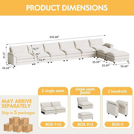 Homall 232" Modular Sectional Sofa, Oversized Sofa Couch with Reversible Ottoman, DIY Combination Chenille Deep 6-Seat Cloud Couch for Living Room, Apartment (White, Oversized Sofa)