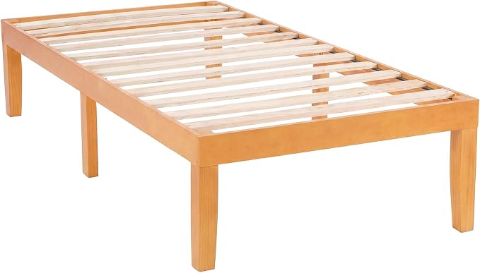Sweetcrispy Twin Size Bed Frame 16 inch Heavy Duty Platform Bedframe, 500 lbs Capacity, Underbed Storage, No Box Spring Needed, Wooden Slats, Easy Assembly with Velcro, Honey Finish