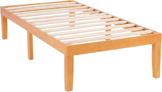 Sweetcrispy Twin Size Bed Frame 16 inch Heavy Duty Platform Bedframe, 500 lbs Capacity, Underbed Storage, No Box Spring Needed, Wooden Slats, Easy Assembly with Velcro, Honey Finish