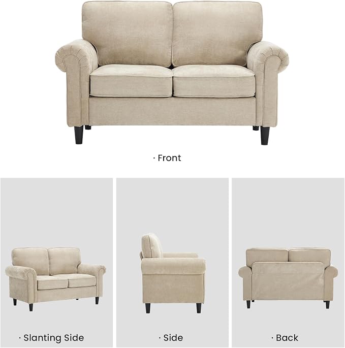Kingfun Loveseat 2 & 3 Seater Couch with Chair, Mid Century Modern Chenille Sofa Set with Rolled Arms and Deep Seats, Fluffy Comfort for Living Room, Apartment, Easy Assembly, Khaki
