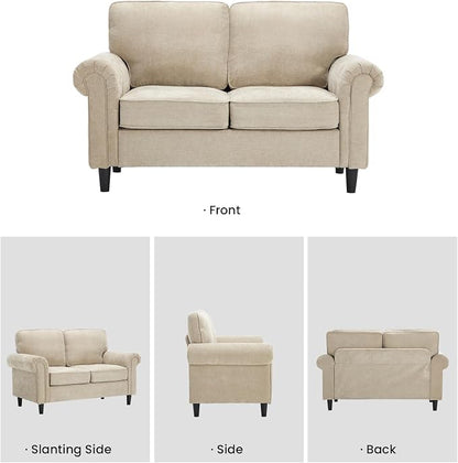Kingfun Loveseat 2 & 3 Seater Couch with Chair, Mid Century Modern Chenille Sofa Set with Rolled Arms and Deep Seats, Fluffy Comfort for Living Room, Apartment, Easy Assembly, Khaki