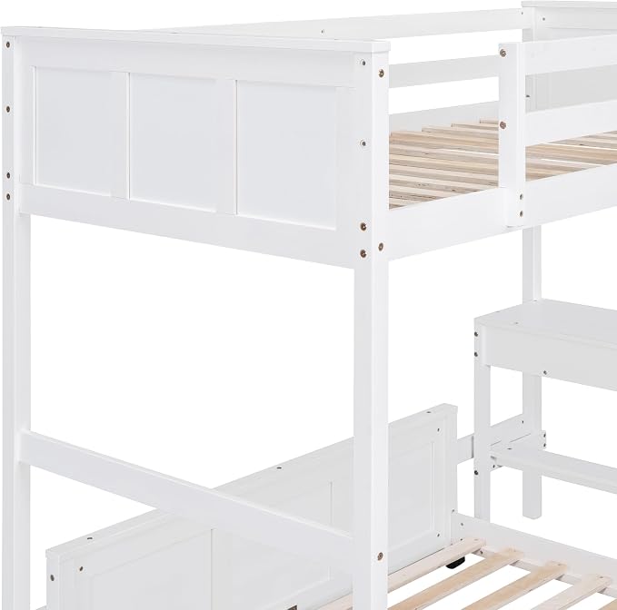 Ball & Cast Twin Over Full Bunk Bed with Safty Guardrail & Stairway,Heavy Duty Wood Loft Bedframe W/Desk & Drawers,Easy Assembly,Versatile Functional Bedroom Furniture Set for Boy Girl Teens,White