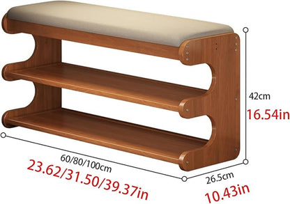 Shoe Rack Bench with Flip-Top Storage 3 Tiers Bamboo Entryway Bench Organizer with Linen Cushion for Hallway, Mudroom, Closet, Front Door Entrance, Foyer Walnut 80cm/31.50in