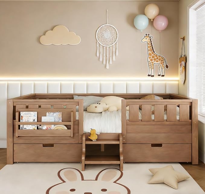 Bellemave Queen Size Kids Bed with high Rails and with Built-in Bookshelf and Drawers for Kids, Girls, Boys, Wood Montessori Bed Without Door, Natural