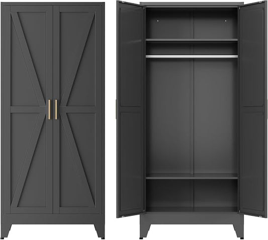 Metal armoire Wardrobe Closet with Hanging Rod,71'' Metal Wardrobe Cabinet with 2 Doors and 2 Adjustable Shelves, Bedroom armoires,Laundry Room cabinets,armario de ropa Closet