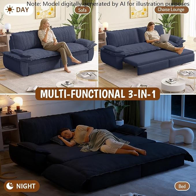 73.2" Sleeper Sofa Bed Queen Size, 3-in-1 Convertible Couch, Modern Pull Out Couches, Comfy Corduroy Futon Sofa, Cloud Loveseat Lounge, Pillow Arm, for Living Room, Apartment, Dark Blue