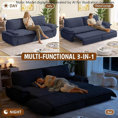 73.2" Sleeper Sofa Bed Queen Size, 3-in-1 Convertible Couch, Modern Pull Out Couches, Comfy Corduroy Futon Sofa, Cloud Loveseat Lounge, Pillow Arm, for Living Room, Apartment, Dark Blue