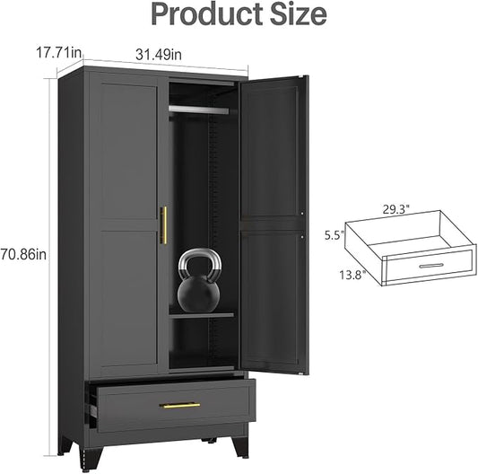 winiowa Metal Armoire Wardrobe Closet with Drawer, 71" Wardrobe Cabinet with Adjustable Shelves and Hanging Rod, Clothing Storage Cabinet Closet for Bedroom-Black