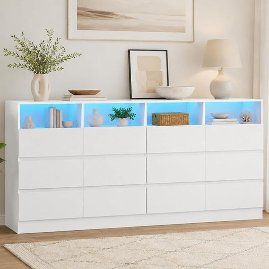 Gyfimoie 6-Drawer Dresser with Divided Compartments, Charging Station & LED Lights, 63" Wide TV Stand for TVs up to 75", Large Organizer with 4 Open Cubbies (White, 6 Drawers)