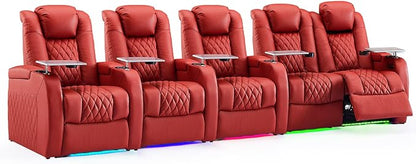Weilianda Home Theater Seating Top Grain Leather Zero Gravity Recliner Chair Power Headrest Recline Movie Seat Gaming 7 Colors Mood Light Sofa with Tray Table USB Charge Row of 5 Loveseat Right Red