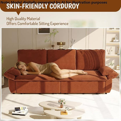 94.5'' Sleeper Sofa Bed King Size, Modern Corduroy Pull Out Couch, 3-in-1 Convertible Futon Sofa, 3 Seater Couches, Cloud Recliner, Pillow Arm, for Living Room, Apartment, Offices, RV, Orange