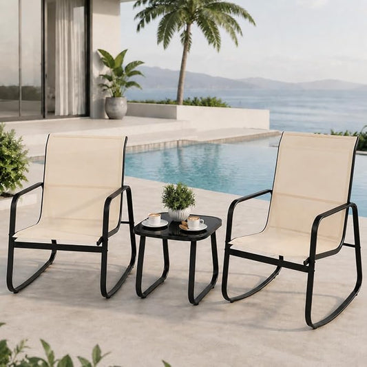 DWVO 3 Piece Patio Furniture Set, Durable Textilene Patio Set with Rocking Chairs Set of 2 & Tempered Glass Table for Garden, Balcony & Poolside, Brown