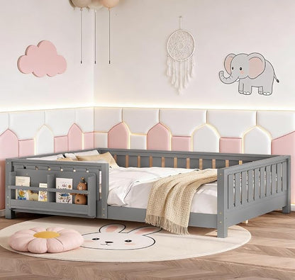 Bellemave Queen Size Floor Bed with high Rails and with Built-in Bookshelf for Kids, Girls, Boys, Wood Montessori Floor Bed Without Door, Gray
