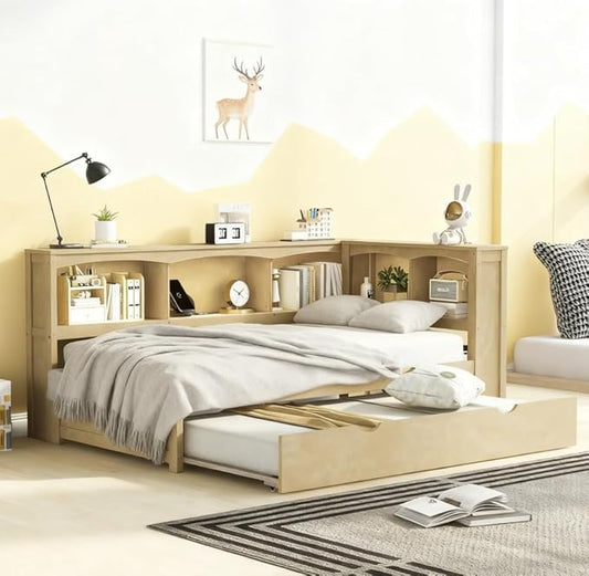 Bellemave Twin Corner Bed Frame with Trundle and USB Ports, Wood Twin Size Daybed with L-Shaped Bookcase，Daybed with Storage Cabinets, Wood Color