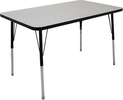 FDP Rectangle Activity School and Office Table (30 x 48 inch), Standard Legs with Swivel Glides, Adjustable Height 19-30 inches; Quick Ship Single Box - Gray Top and Black Edge