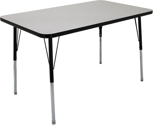 FDP Rectangle Activity School and Office Table (30 x 48 inch), Standard Legs with Swivel Glides, Adjustable Height 19-30 inches; Quick Ship Single Box - Gray Top and Black Edge