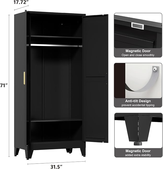 Washsemba 71'' Farmhouse Metal Wardrobe Cabinet with Hanging Rod, 2 Barn Door Wardrobe Closet with 2 Adjustable Shelves,for Dining Room,Bedroom,Living Room, Cloak Room,Office (Black)