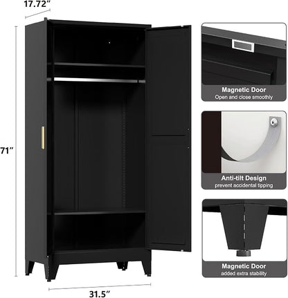 Washsemba 71'' Farmhouse Metal Wardrobe Cabinet with Hanging Rod, 2 Barn Door Wardrobe Closet with 2 Adjustable Shelves,for Dining Room,Bedroom,Living Room, Cloak Room,Office (Black)