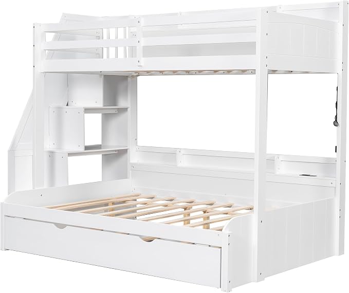 Twin Over Full Bunk Bed with Storage Staircase and Trundle,Storage Shelves, LED and USB,for Kids Teens Adults Bedroom Use (White-USB, Twin Over Full)