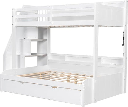 Twin Over Full Bunk Bed with Storage Staircase and Trundle,Storage Shelves, LED and USB,for Kids Teens Adults Bedroom Use (White-USB, Twin Over Full)