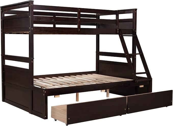 Twin Over Full Bunk Beds with 2 Under Bed Storage Drawers, Stronger & More Stable Bunkbed, Espresso