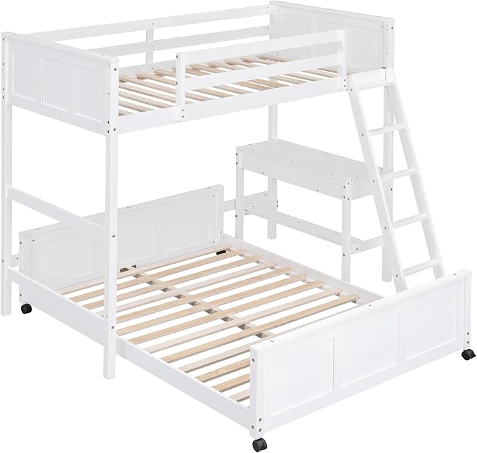 Ball & Cast Twin Over Full Bunk Bed with Safty Guardrail & Stairway,Heavy Duty Wood Loft Bedframe W/Desk & Drawers,Easy Assembly,Versatile Functional Bedroom Furniture Set for Boy Girl Teens,White