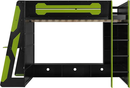 Merax Full Size Loft Bed with Desk, Multi-Storage Shelves and RGB Light | Space-Saving Wooden Gaming Bed Frame with Charging Station and Guardrail