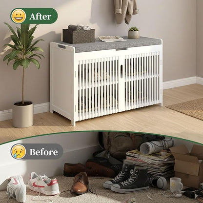 APRTAT Bamboo Shoe Storage Bench with Padded Cushion, 3-Tier Shoe Rack Organizer with 2 Ventilated Grille Doors for Entryway, Bedroom, Bathroom (White, Large)