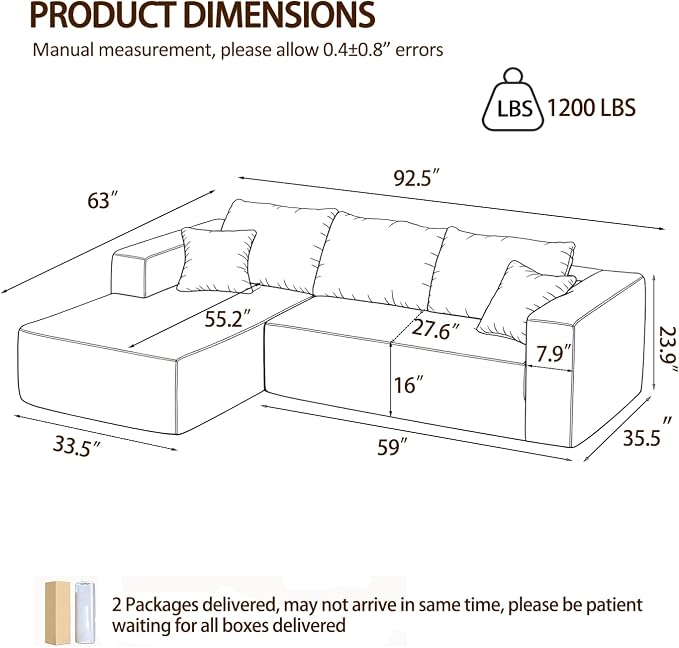 92.5" Modular Sectional Sofa, L-Shape 3 Seat Memory Foam Boneless Couch for Living Room, Cloud Couch with Oversized Chaise, No Need Assembly - Brown(Left Facing Chaise)