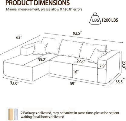 92.5" Modular Sectional Sofa, L-Shape 3 Seat Memory Foam Boneless Couch for Living Room, Cloud Couch with Oversized Chaise, No Need Assembly - Brown(Left Facing Chaise)