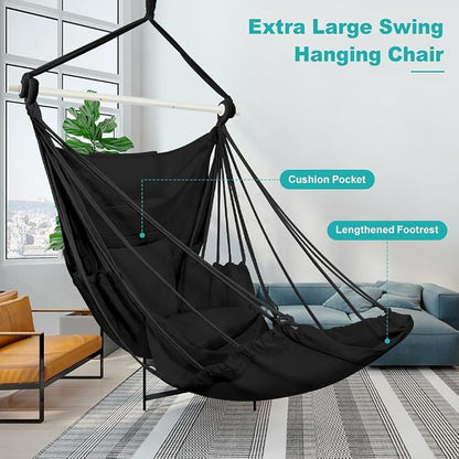 Outerman Hammock Chair, Hanging Chair with 3 Cushions and Foot Rest Support, Durable Metal Spreader Bar Max 500Lbs, Swing Chair for Bedroom, Indoor & Outdoor, Patio, Porch or Tree（Black）…