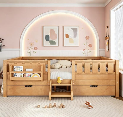 Bellemave Queen Size Kids Bed with high Rails and with Built-in Bookshelf and Drawers for Kids, Girls, Boys, Wood Montessori Bed Without Door, Light Natural