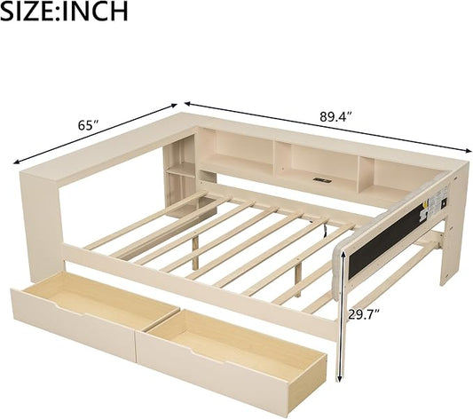 Ball & Cast Full Size Wood Daybed with Storage Shelves and Built-in Desk,Platform Bed w/Under-Bed Drawers & Charging Station,Upholstered Headboard,No Box Spring Needed,for Student Dorms,Cream