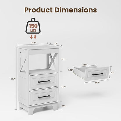 Tall Nightstand Set of 2 Side Table with 2 Drawers Modern Night Stand Wooden End Table Bedside Table with Upper Open Shelf Solid Feet for Bedroom, White