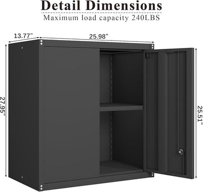 28" H Garage Storage Cabinet, Metal Garage Wall Cabinets with Doors and Shelves, Small Wall Mount Cabinet for Kitchen, Garage, Laundry Room, Pantry, Black