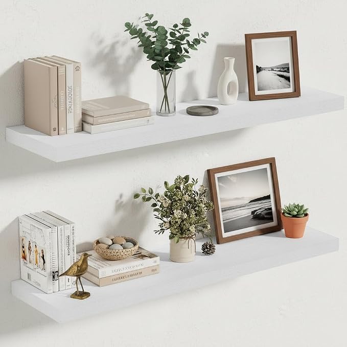 Vivelove 10 in Deep Floating Shelves for Wall, 30" x 10.2" x 1.5" Shelves for Room Wall Mounted, 1.5 Inch Thick Shelf for Bathroom Bedroom Kitchen Book Room, Modern Farmhouse Decor, Set of 2, White