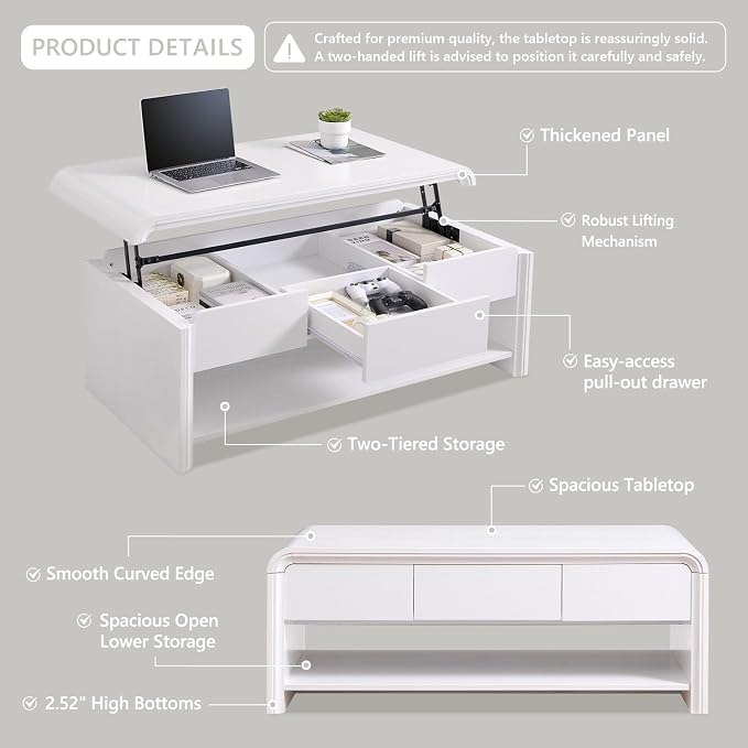 Aitjunz 47" Lift Top Coffee Table with Storage, Modern Coffee Table with Pull-Out Drawer and Two-Tier Storage, Rectangle Wood Center Table w/Curved Profile Design for Living Room, White