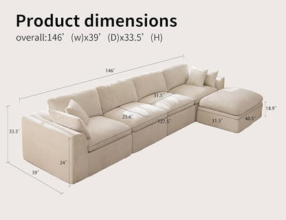 146" Modular Sectional Sofa – Modern Cloud Couch with Deep Chenille Seats, L-Shaped Boneless Sofa, Pet-Friendly, No Assembly, Warm White (4 Seater + 1 Ottoman)