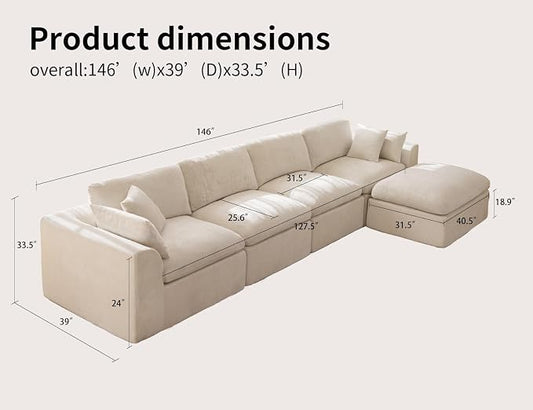 146" Modular Sectional Sofa – Modern Cloud Couch with Deep Chenille Seats, L-Shaped Boneless Sofa, Pet-Friendly, No Assembly, Warm White (4 Seater + 1 Ottoman)
