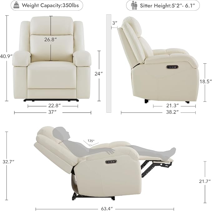 Watson & Whitely Genuine Leather Power Recliner Chairs for Adults, Wall Hugger RV Recliner with Power Headrest & Charging Ports, Electric Recliner Sofa Chair for Living Room, Cream