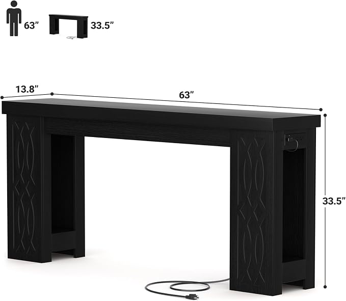 Cyclysio 63" Console Table with Outlet, Farmhouse Entryway Table with Colorful LED Lights, Wooden Sofa Table with Unique Carved Design, Foyer Accent Table for Entrance, Hallway, Living Room