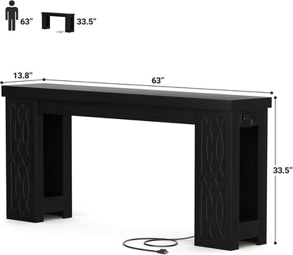 Cyclysio 63" Console Table with Outlet, Farmhouse Entryway Table with Colorful LED Lights, Wooden Sofa Table with Unique Carved Design, Foyer Accent Table for Entrance, Hallway, Living Room