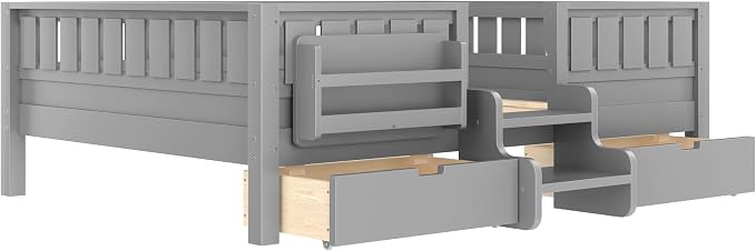 Bellemave Full Size Kids Montessori Bed with Stairs and Bookshelf,Solid Wood Full Size Kids Bed Frame with Drawers and Storage for Girls Boys,Low-Profile,Gray