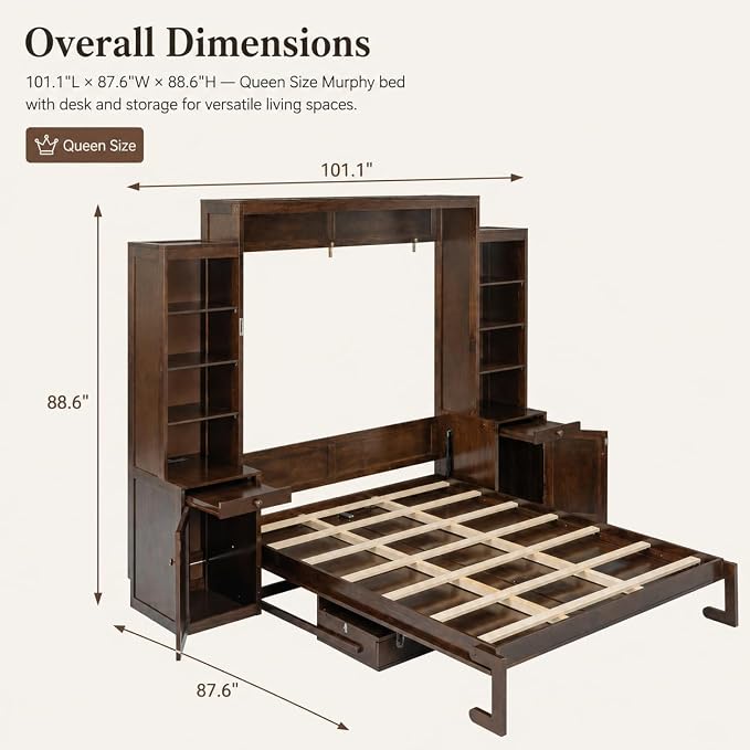 Queen Murphy Bed with Desk, Wall Bed Cabinet with Storage Shelves, Enclosed Cabinets and Hidden Foldout Workstation, Folding Cabinet Bed, Space Saving Bed for Guest Room, Home Office (Dark Brown)